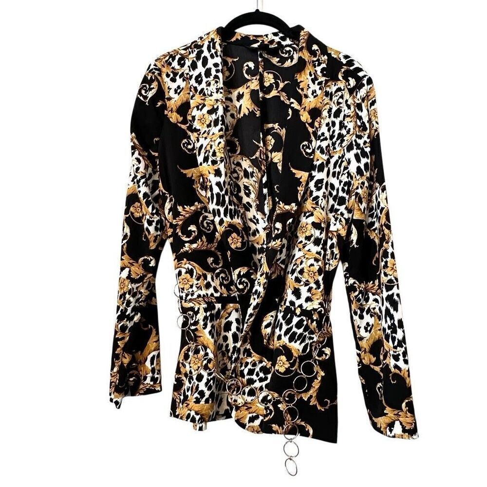 Thalia Sodi Animal Printed Belted Black Gold Blazer Jacket Small